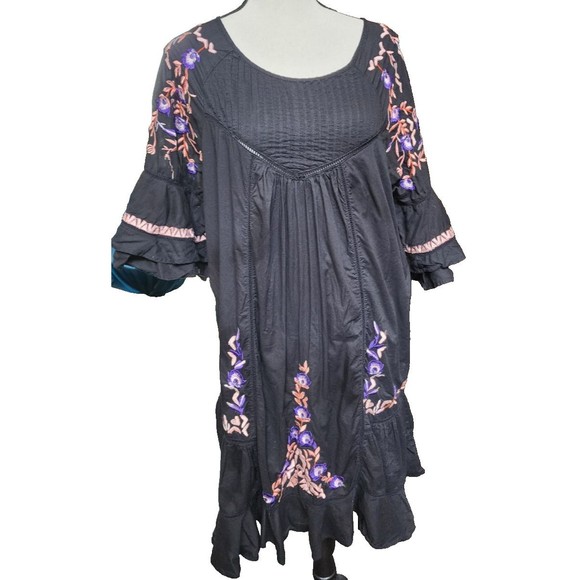 Free People Embroidered Dress Size Large Black Hippie Boho